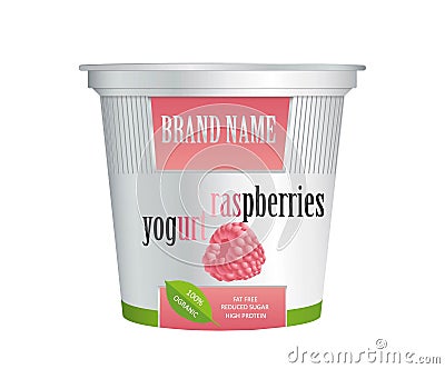 Packaging design yogurt with raspberries. Vector isolated on white background. Plastic container for raspberries yogurt and desser Vector Illustration